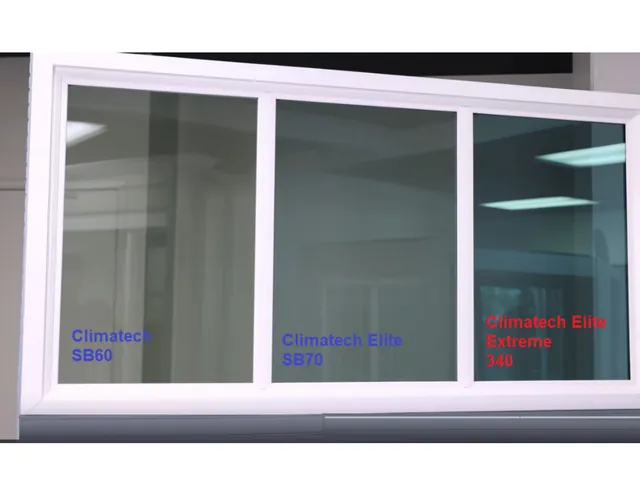 Three windows side by side showing the tint of three Low-E glass packages