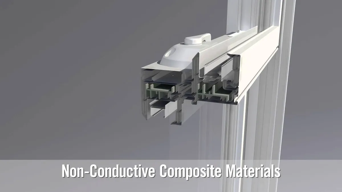 Cutaway of a window meeting rail with composite reinforcement inside