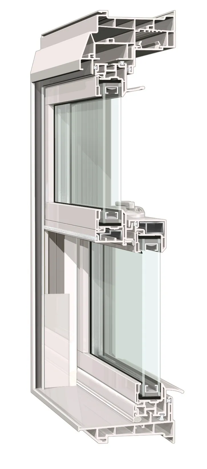 Cutaway of a Mezzo double hung window showing the frame chambers