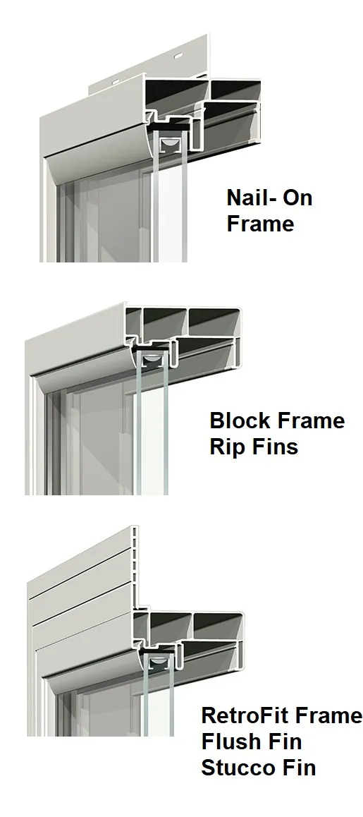 Three window frame profiles: nail on, block frame and retrofit frame