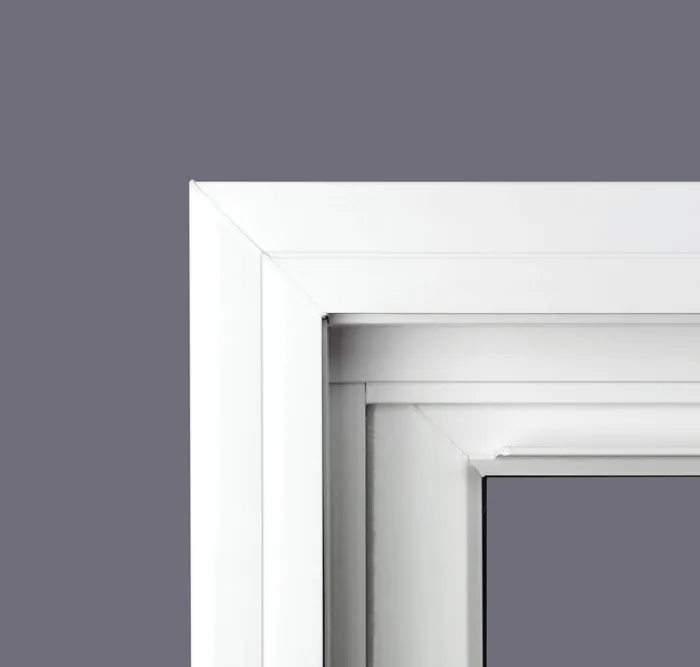 Close up of a slim white beveled Mezzo frame corner