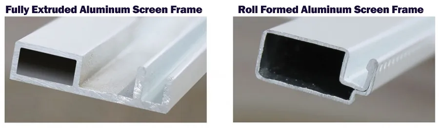 Extruded aluminum screen frame beside a thinner roll formed screen frame