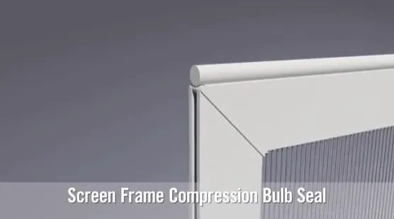 Corner of a window screen frame with its compression bulb seal